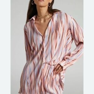 Pink Striped Crinkle Button Down Blouse Retro Y2K Oversized Long Sleeve Shirt